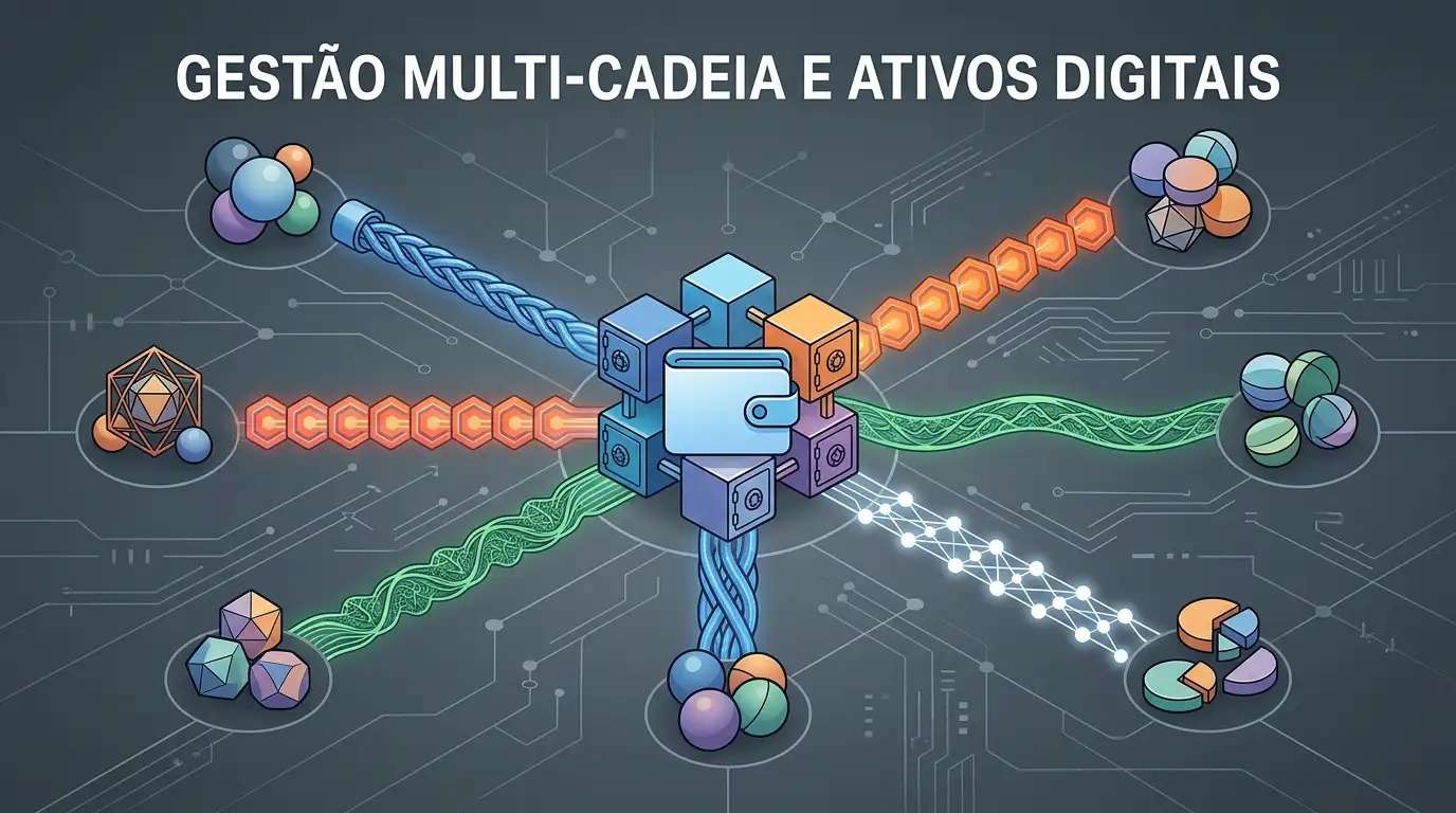 Ilustração editorial de uma carteira crypto ligada a várias redes blockchain