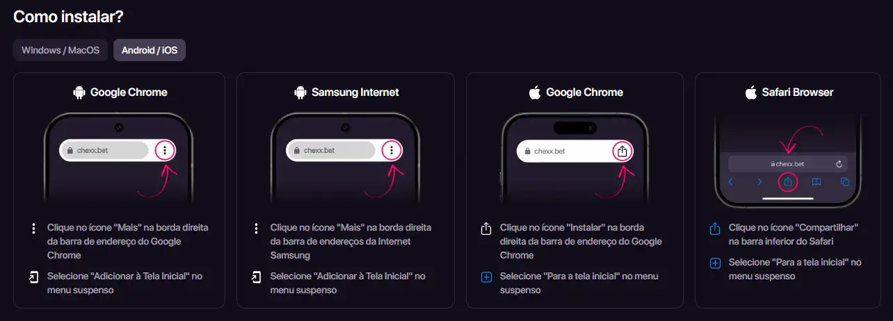 Página oficial de instalação PWA da CHEXX num dispositivo móvel