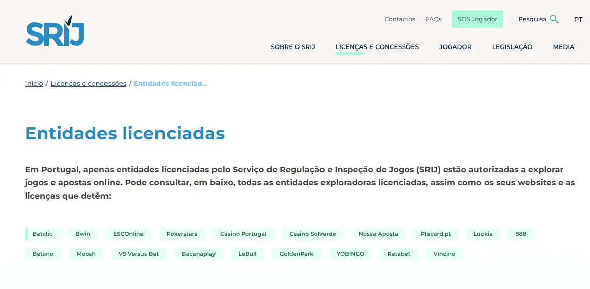 Página oficial do SRIJ com entidades licenciadas para jogo online em Portugal