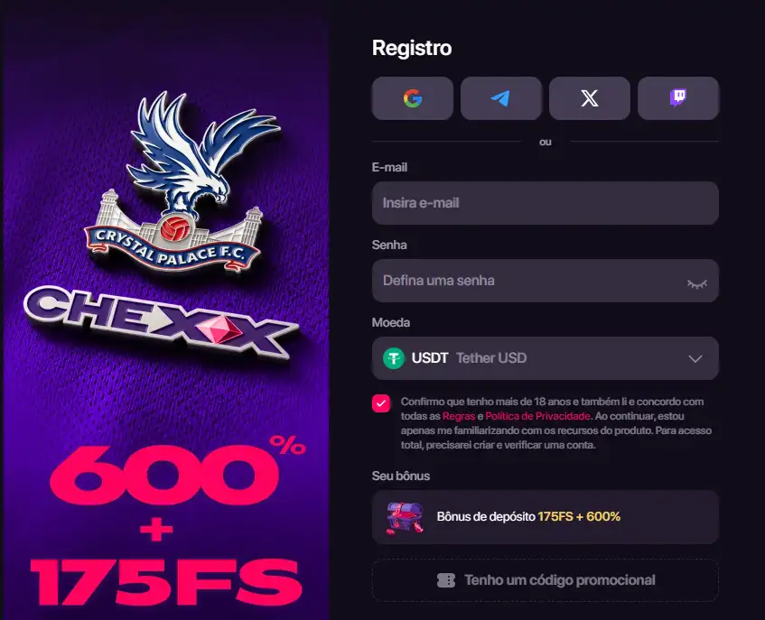 Ecrã oficial de registo da CHEXX com opções de criação de conta