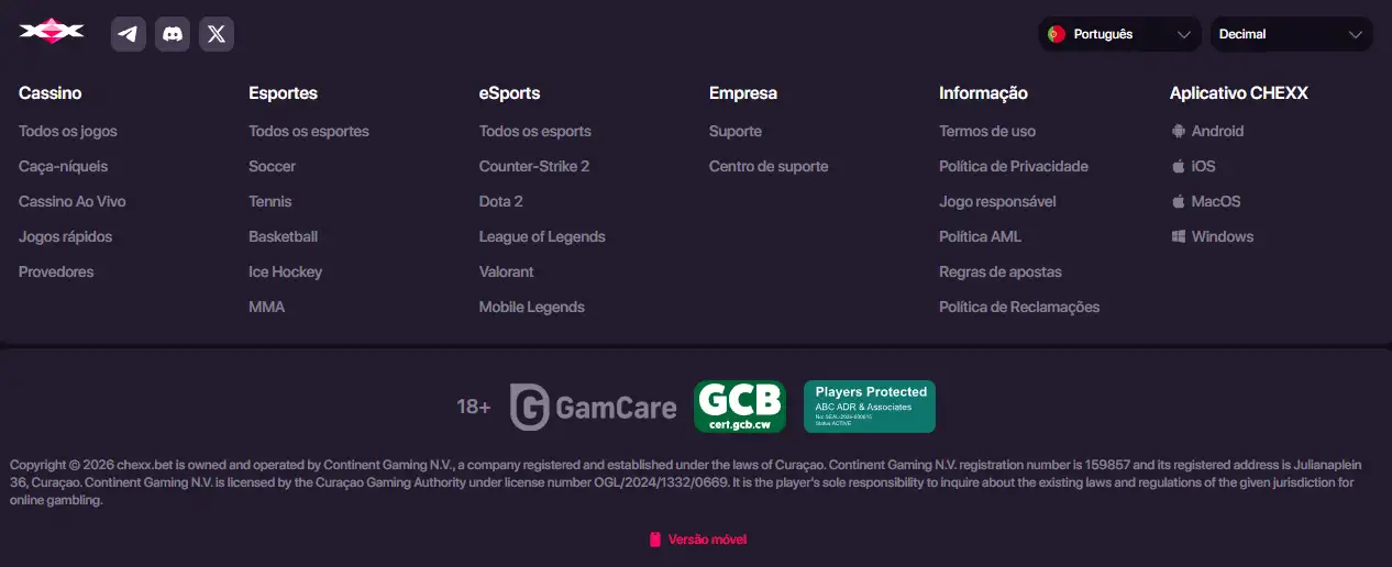 Informação oficial de licença apresentada pela CHEXX