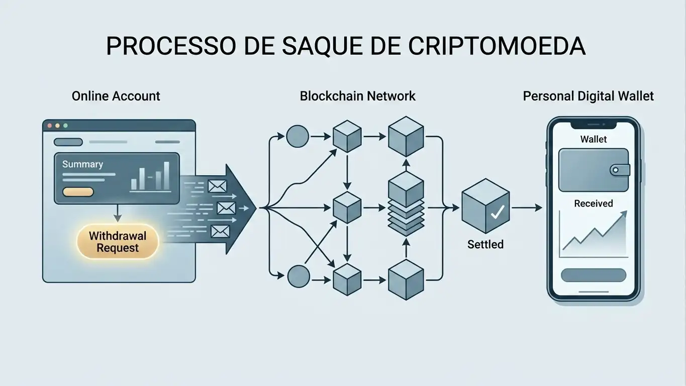 Ilustração editorial de um levantamento crypto entre uma conta e uma carteira digital