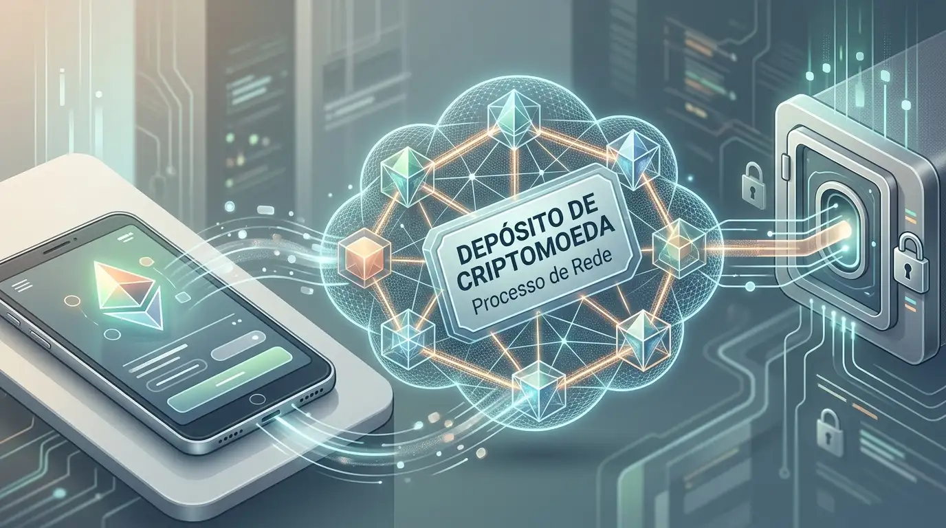 Ilustração editorial de depósito crypto entre carteira, rede blockchain e conta CHEXX