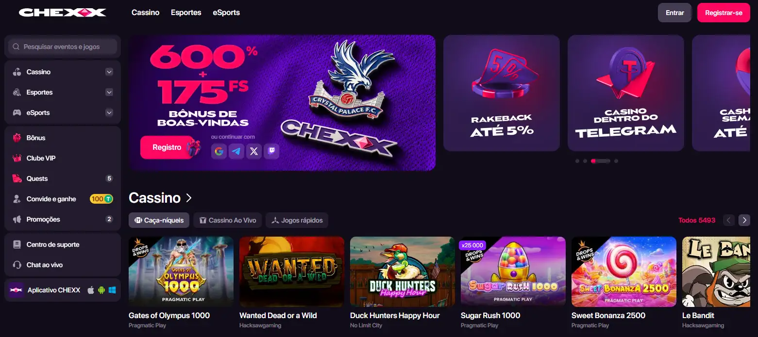 Captura da página inicial oficial da CHEXX com navegação de casino, desporto e esports